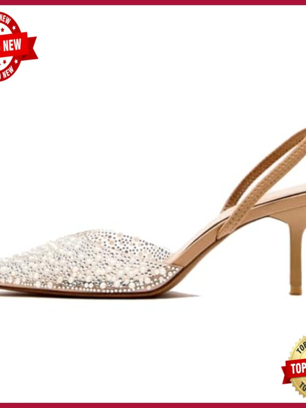 Pearl Studded Clear Slingback Heels Pointed Toe Kitten Mid Heels Wedding Party - Picture 4 of 7